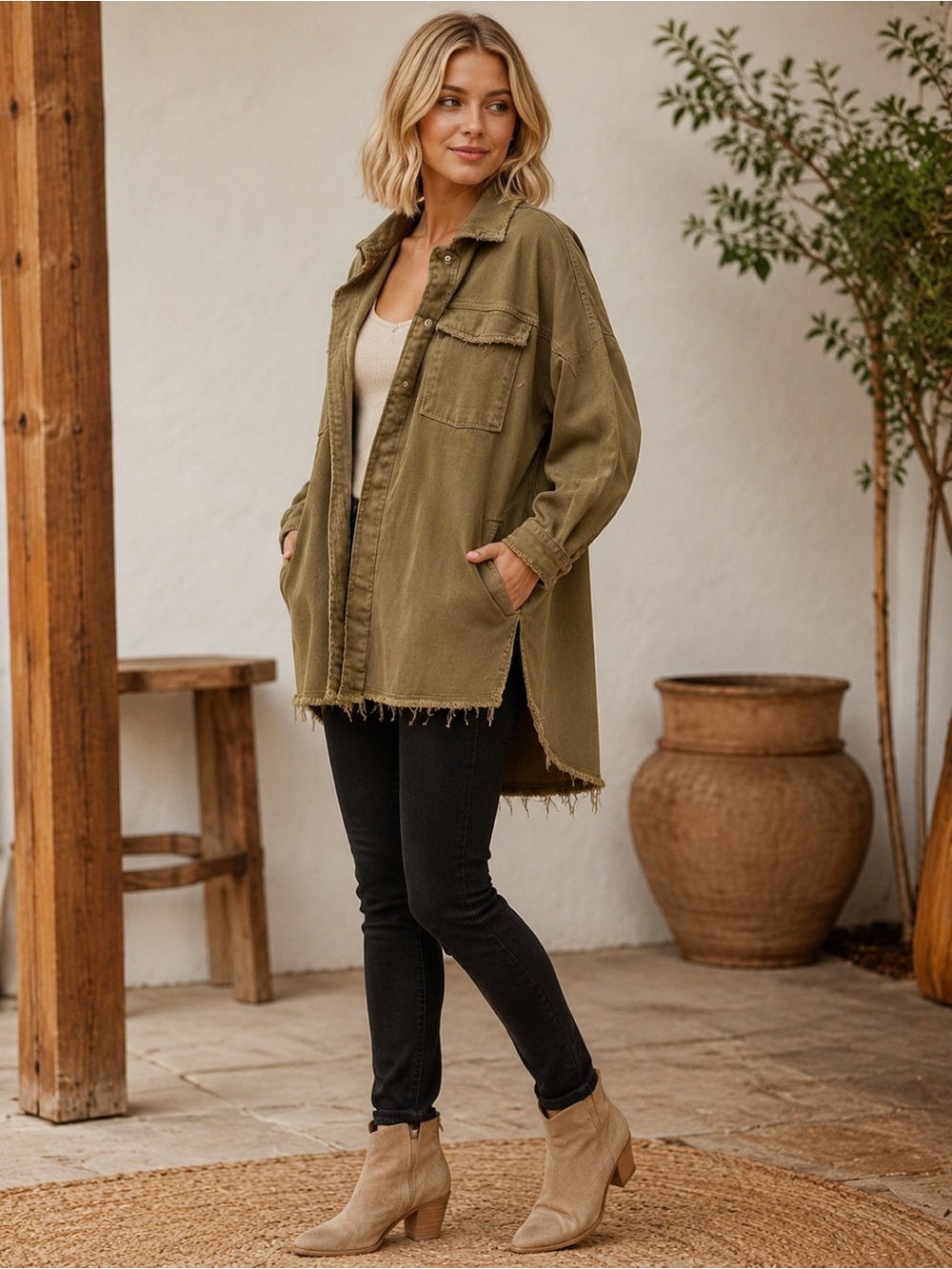 NWT Relaxed Olive Snap-Front High Low Fringe Trim Shacket Oversized Medium